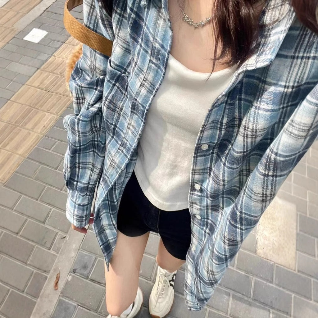 Women's Blue Thin Plaid Shirt - Spring Lazy Style Long Sleeve Top