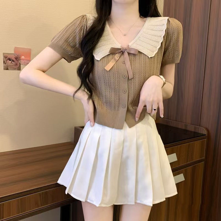 Bowknot Contrast Color Doll Collar Cardigan Sweater - Women's Summer Petite Stylish Short Top