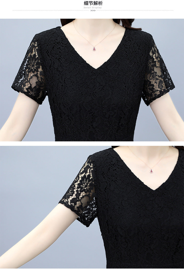 Women Crochet Lace Slim Waist Pleated Skirt Dress