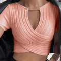 Summer Chain Deep V-Neck Cross-Navel Knitted Crop Top - Women's Short Sleeve Chic Streetwear