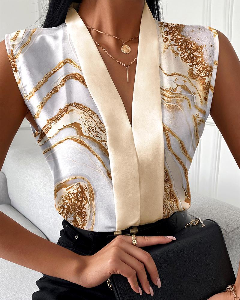 Women's Summer Sleeveless Printed V-Neck Shirt - Casual Lightweight Fashion Blouse