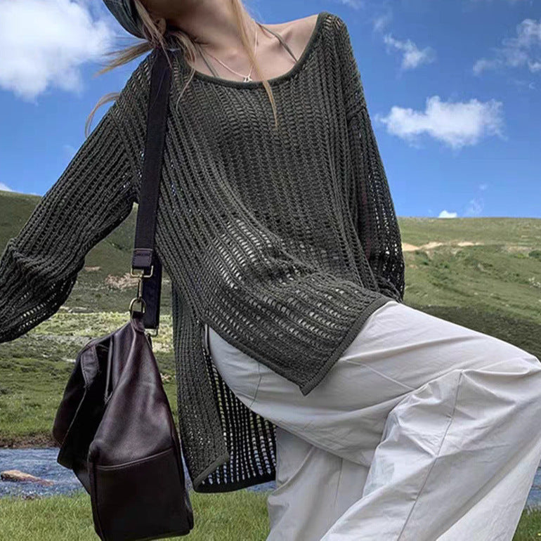 Women's Summer Lightweight Knitted Cardigan - Long, Thin, Lazy Style Air-Conditioning Top with Hollow Design