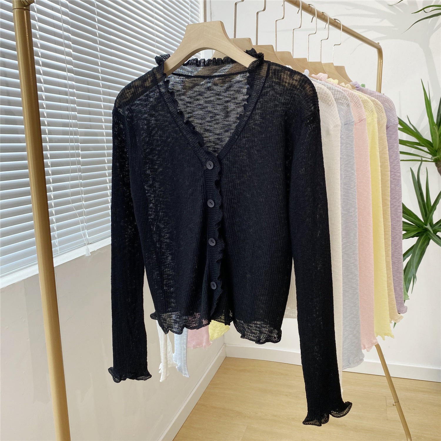 Women's Lightweight Ruffled Knitted Cardigan - Long Sleeve V-Neck Sunscreen Cover-Up