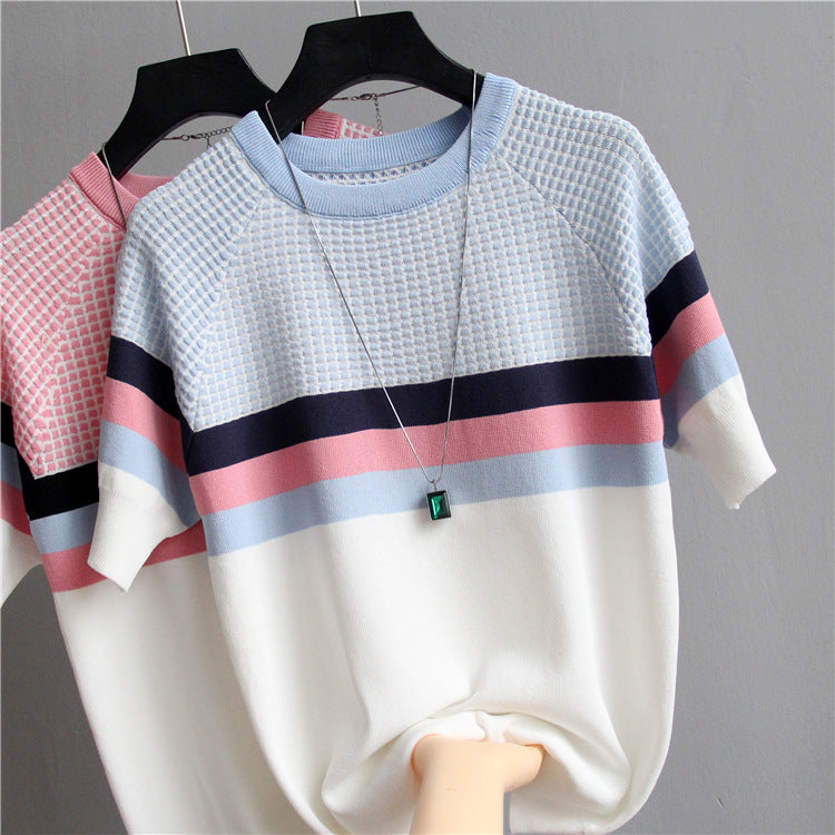 Women's Slim Fit Contrast Color Knit Pullover T-Shirt - Short Sleeve