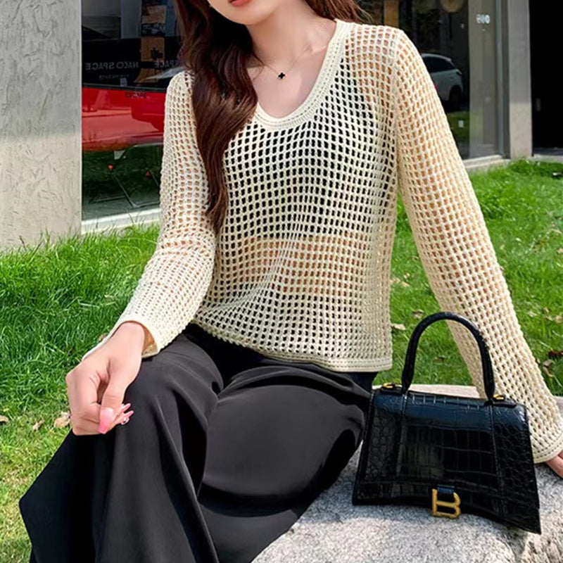 Spring and summer hollow knit sweater women 2025 new thin round neck Top