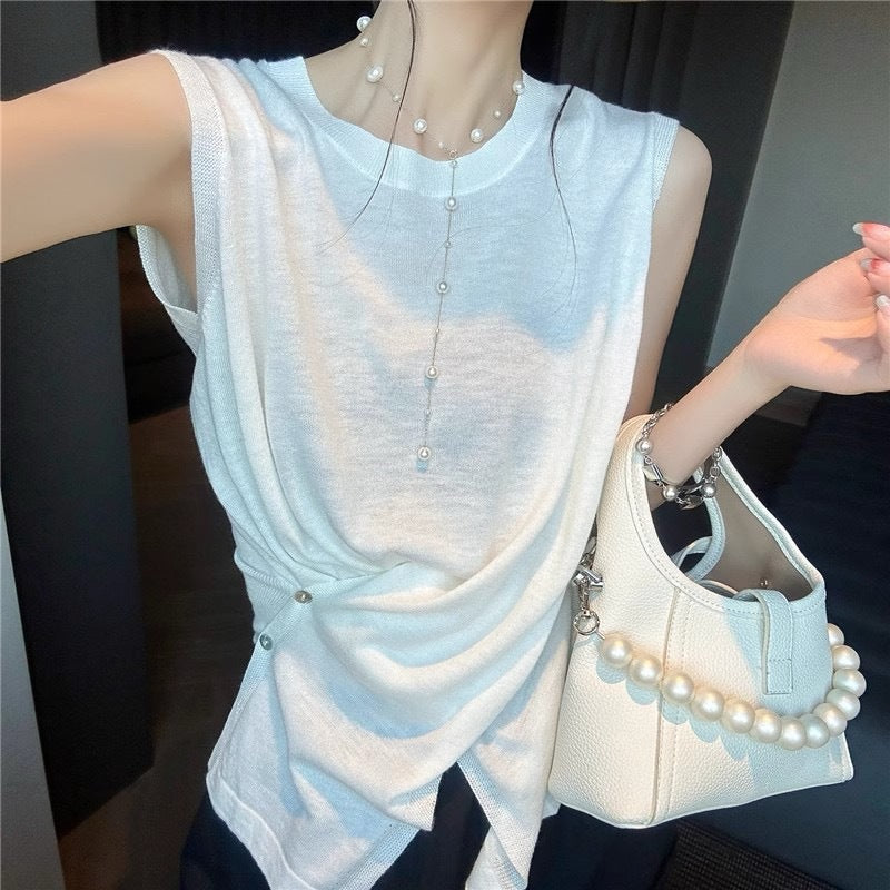 Summer 2025 Women's Light Knit Sleeveless Vest - Irregular Hem, Round Neck, Elegant Casual Style