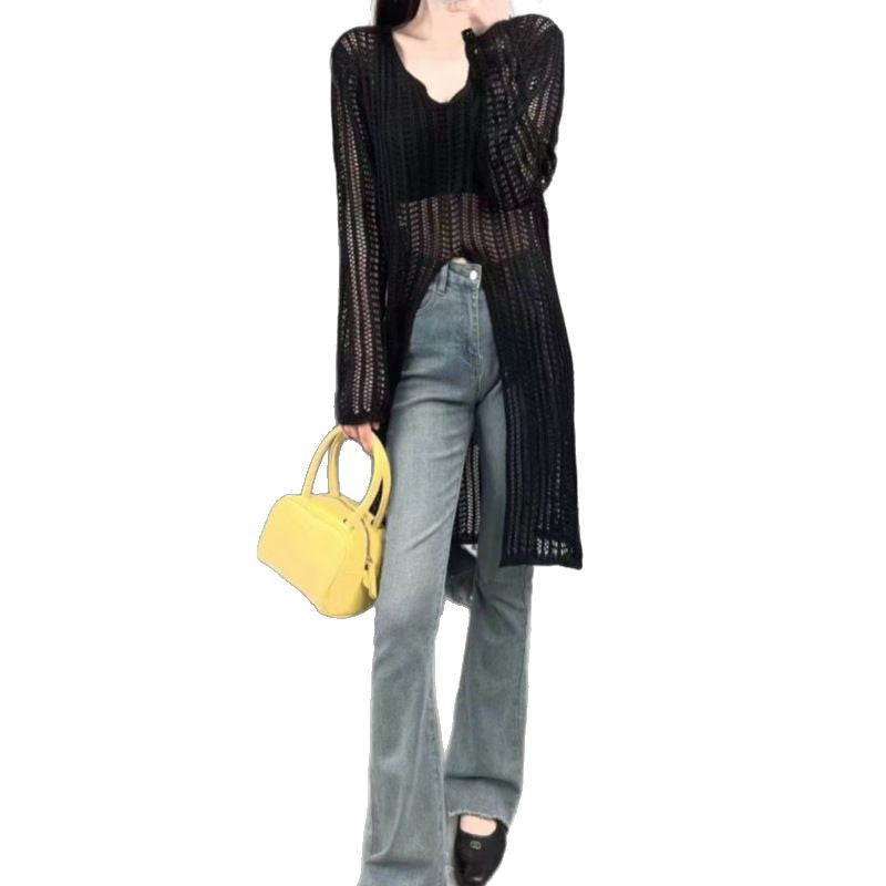 Women's V-Neck Hollow Knit Blouse - Lightweight Slit Long Sun Protection Top for Spring & Summer