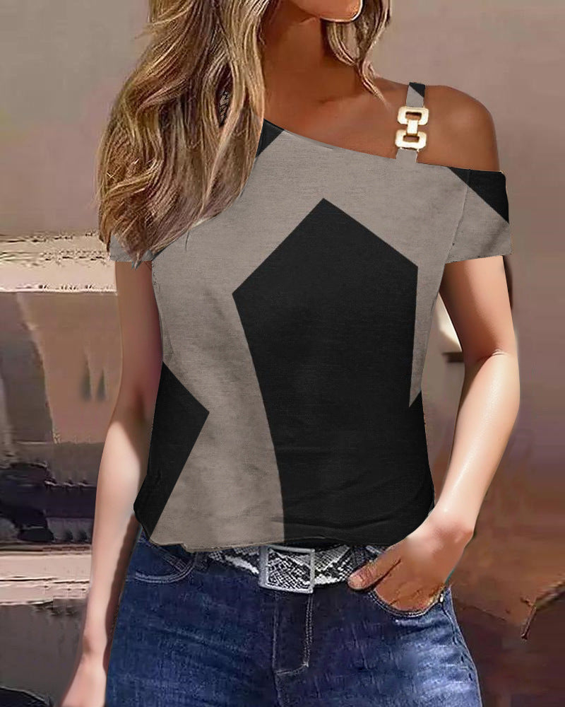 Women's Summer Simple Short Sleeve Printed T-Shirt - Metal Button Detail Casual Top