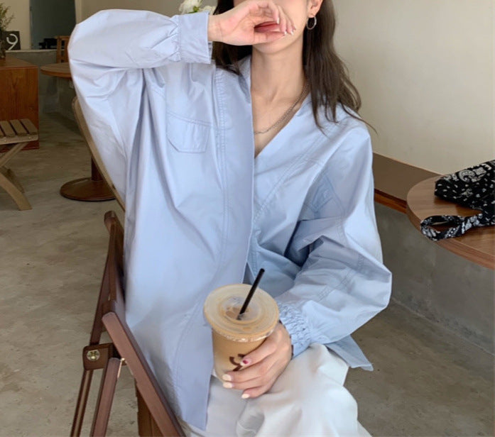 Women's White V-Neck Long-Sleeved Shirt - Loose Fit, Niche Design, Versatile Top