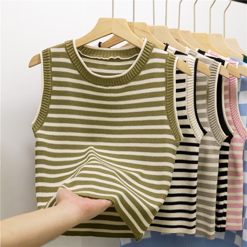 Women's Striped Slim Fit Camisole - Summer Round Neck Sleeveless Knitted Top