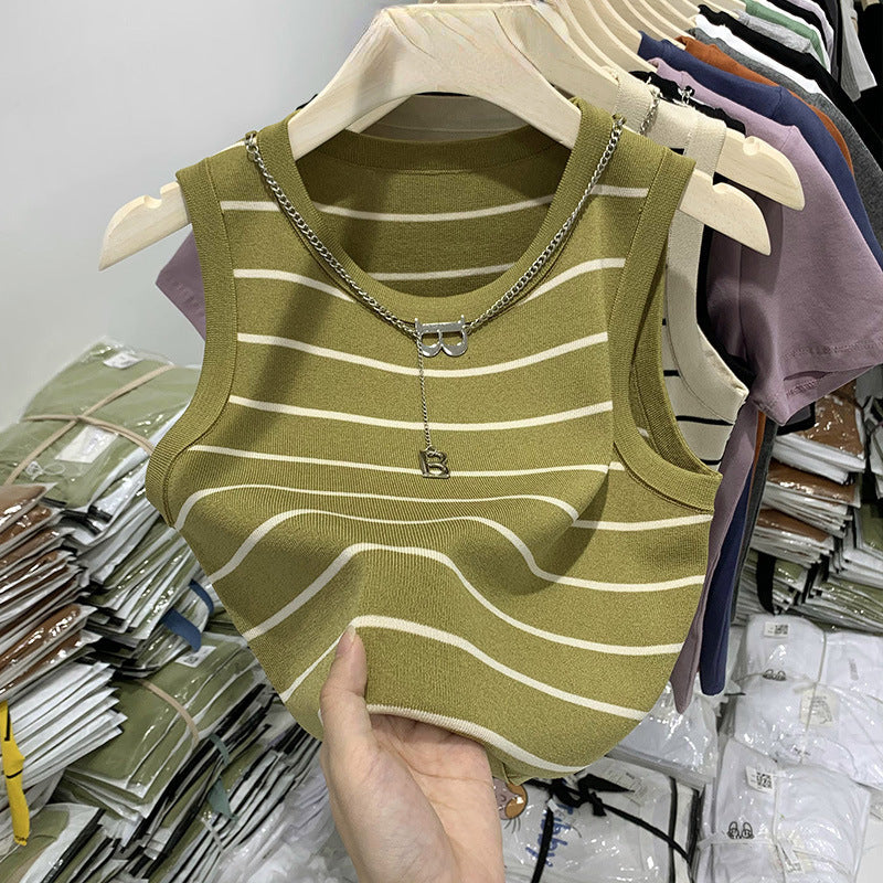 Summer Slim Fit Striped Crop Vest - High Waist Sleeveless Top for Women