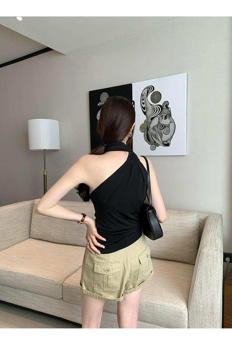 Summer Off-Shoulder Elastic Sleeveless Halter Neck Lace-Up Top - Slim Fit Feminine T-Shirt