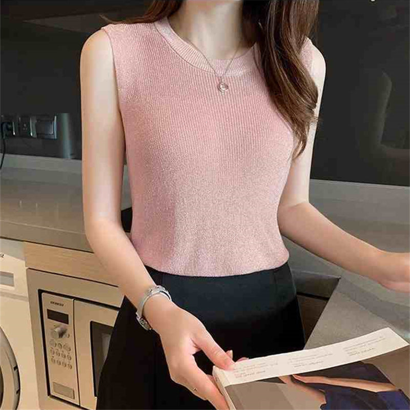 Women's Bright Silk Camisole Vest with Knitted Bottoming Shirt - Sleeveless Summer Essential