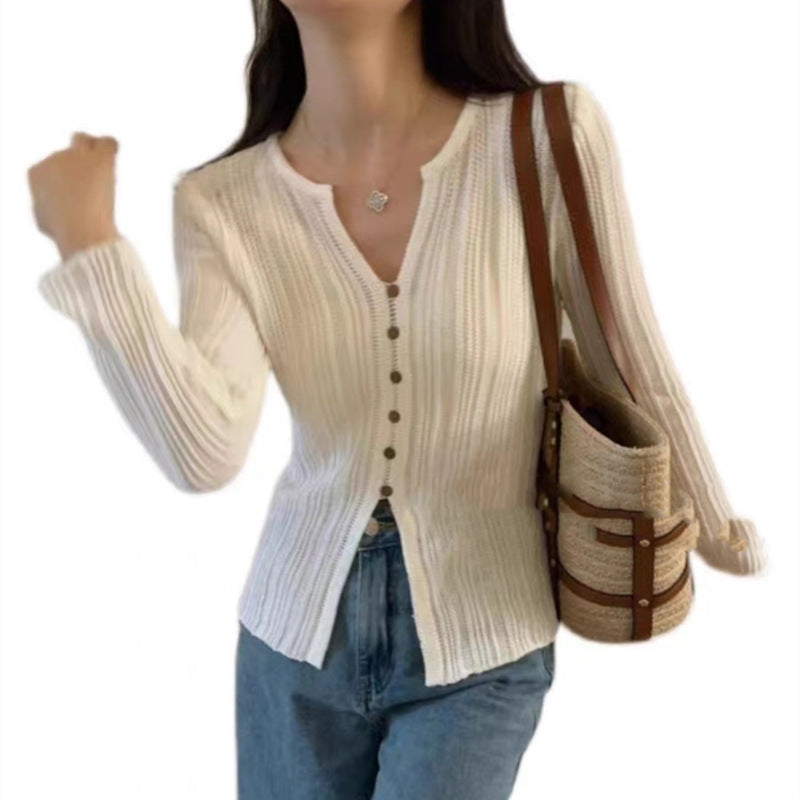 Lazy Style Simple And Versatile Long-Sleeved Knitted Sweater For Women Autumn Wear Temperament V-Neck Slim Fit Top