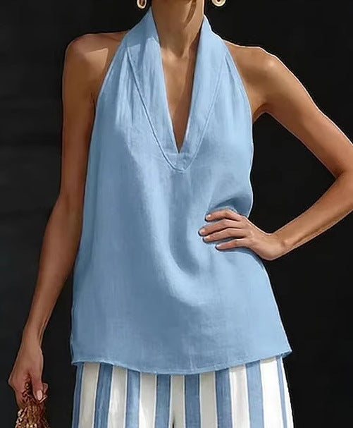 Women's Halter Neck Top & Straight Leg Striped Casual Pants Two-Piece Outfit Set