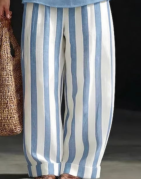 Women's Halter Neck Top & Straight Leg Striped Casual Pants Two-Piece Outfit Set