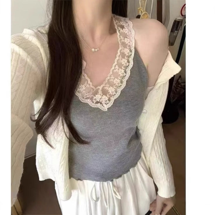 Women's Spring & Summer French Sweet Style Knitted Vest - V-Neck Lace Trim Slim Fit Sleeveless Top