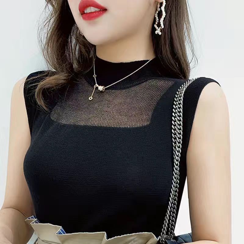 Summer Ice Silk Knit Camisole - Half-High Collar Sleeveless Top for Women