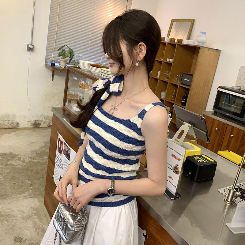 Women's Summer Striped Blue Knitted Vest - Niche Casual Sleeveless Top