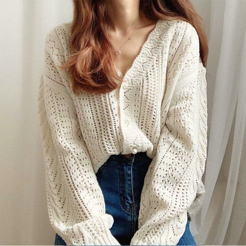 Spring and Autumn New Retro Hollow Lazy Style Wool Coat Hook Flower Sweater V-neck Knitted Cardigan for Women