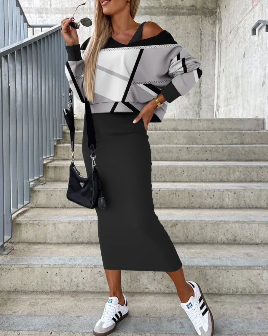 Autumn & Winter Bat Sleeve Sweater and Long Hip Suit Skirt Set – Chic Two-Piece Women's Outfit