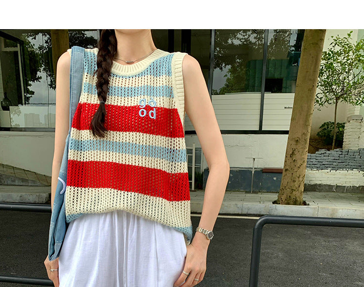 Women's Fashion Dopamine Loose Hollow Striped Knitted Vest - Summer Sleeveless Outerwear