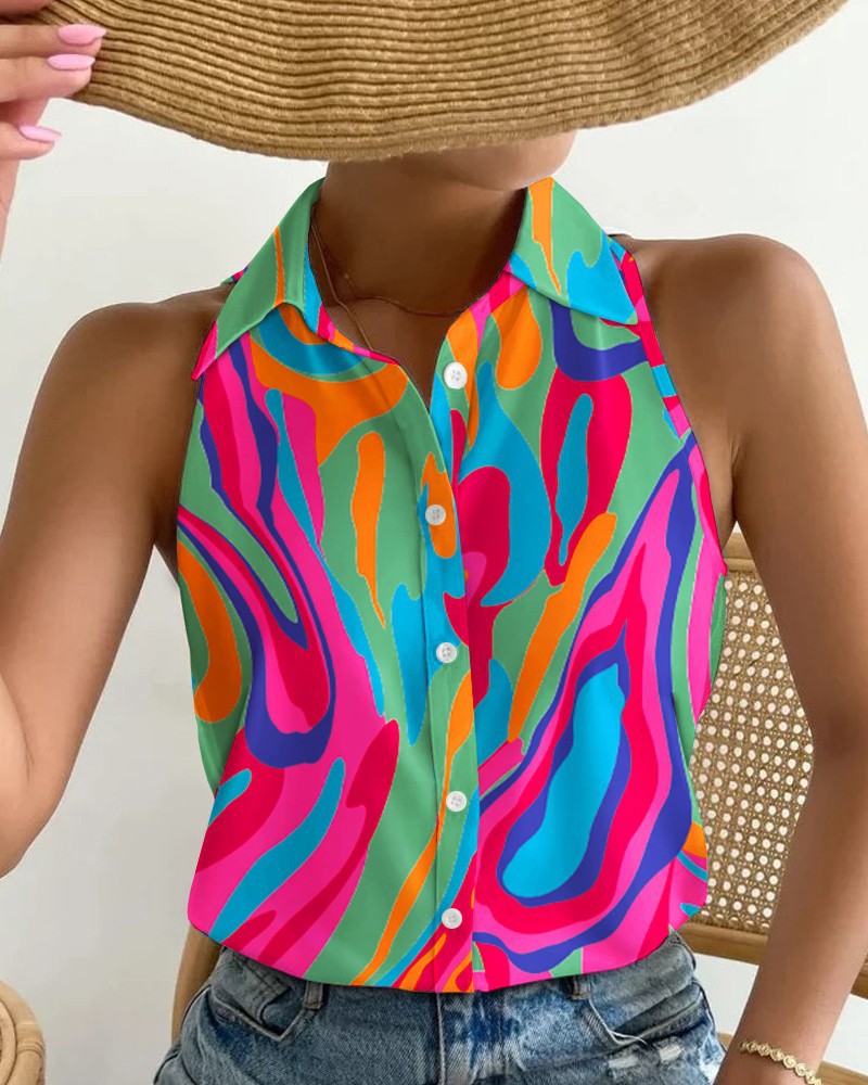 Women's Summer Casual Off-Shoulder Sleeveless Shirt - Fashion Abstract Print Top