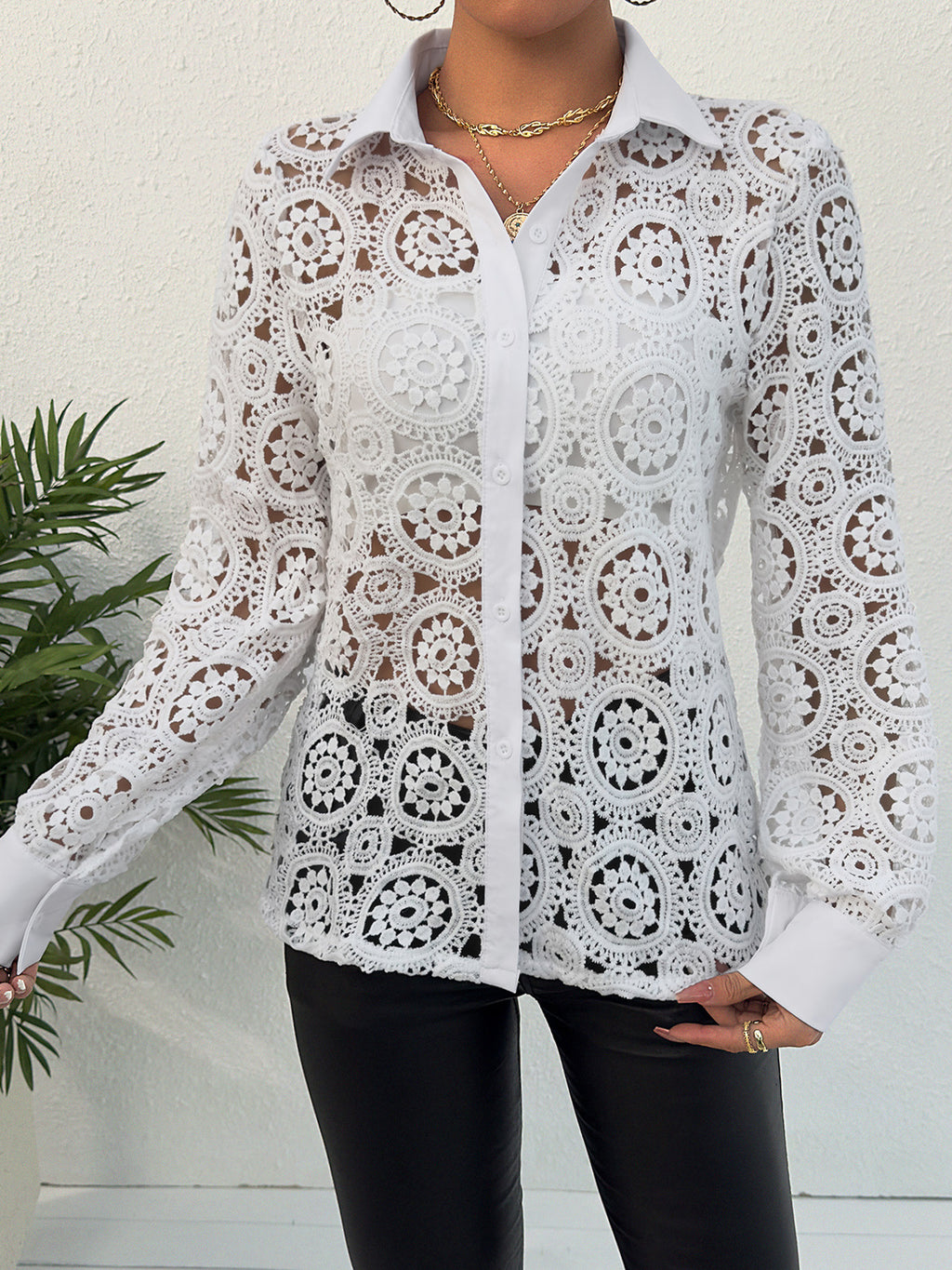 Women's Spring Lace V-Neck Blouse - Long Sleeve Elegant Shirt Top