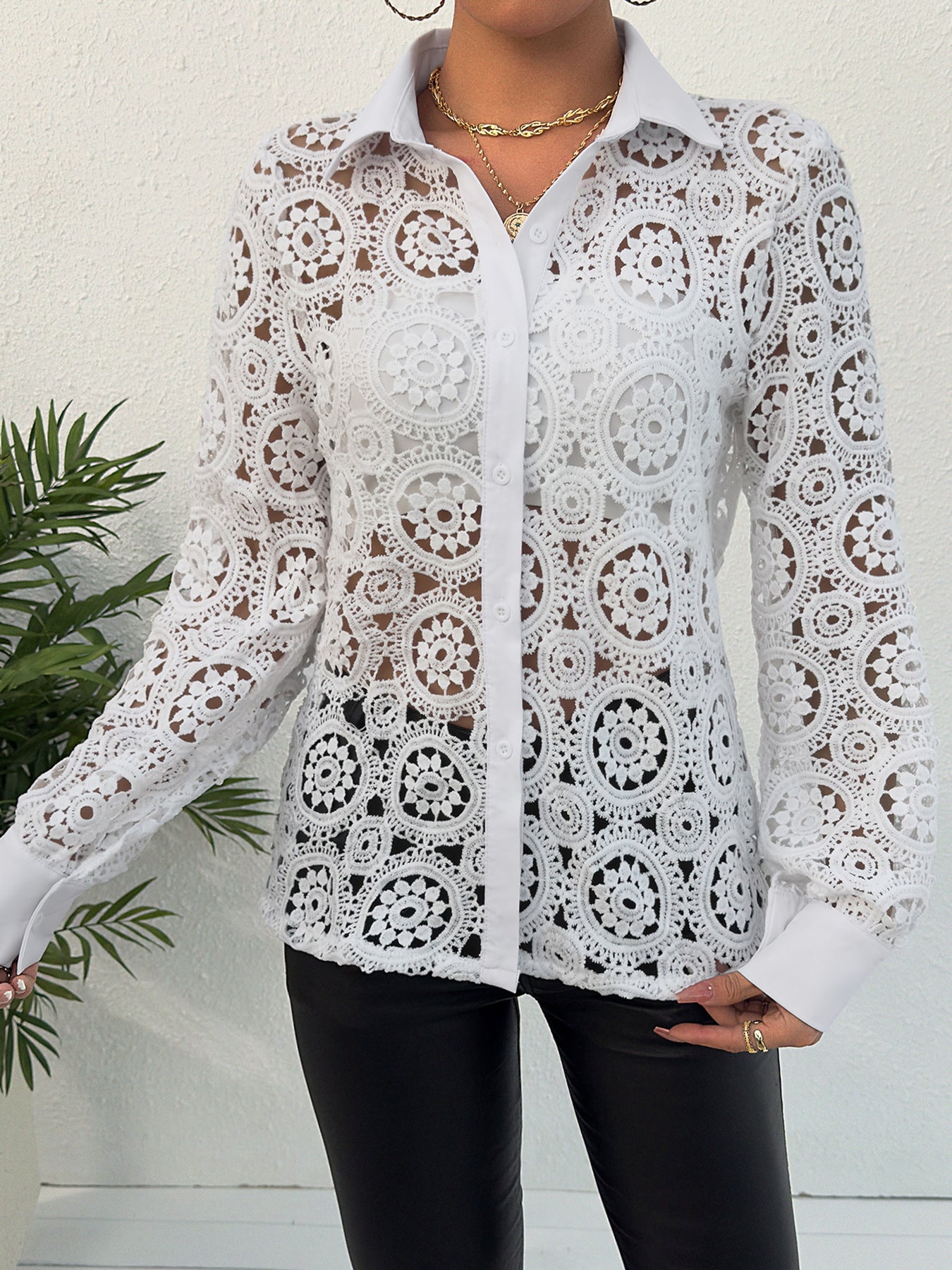 Women's Spring Lace V-Neck Blouse - Long Sleeve Elegant Shirt Top