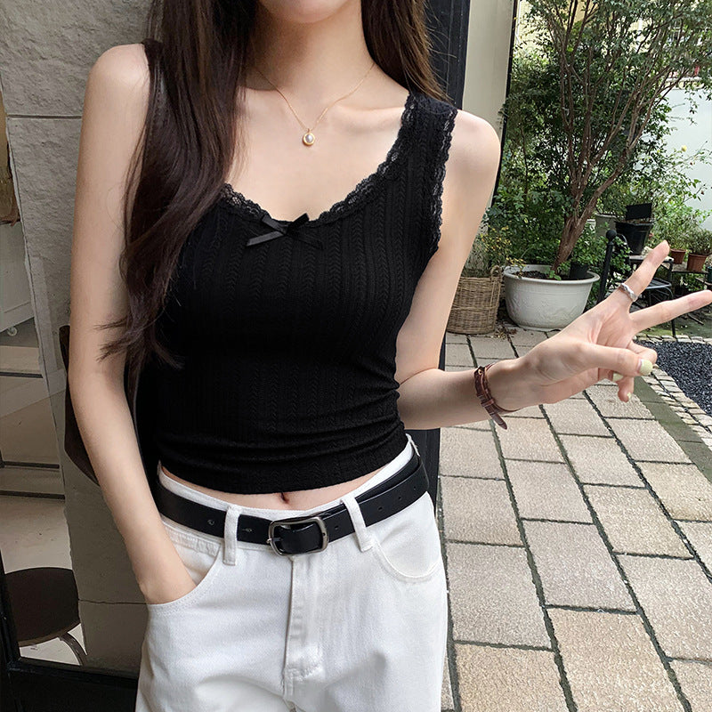 Women's Pure Lace White Sleeveless Knitted Vest - Unique & Exquisite Design with Inner Camisole