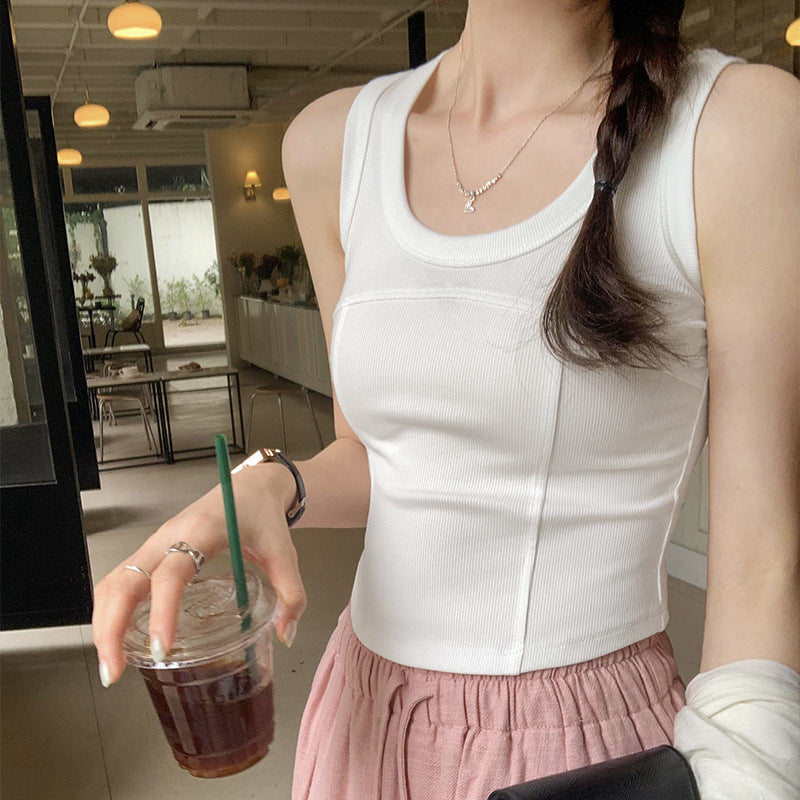 Women's U-Neck White Thread Sleeveless Sports Vest - Contour Line Summer Active Top