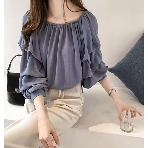 Chic One-Shoulder Bubble Top - Slim Fit, Solid Color Bottoming Shirt