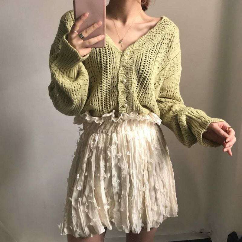 Spring and Autumn New Retro Hollow Lazy Style Wool Coat Hook Flower Sweater V-neck Knitted Cardigan for Women
