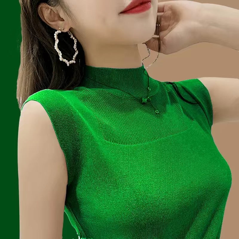 Summer Ice Silk Knit Camisole - Half-High Collar Sleeveless Top for Women