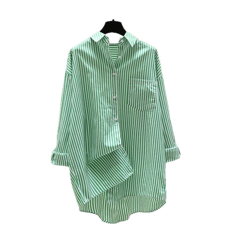 Women's Mid-Length Vertical Striped Shirt - Effortless Style with a Classic Twist