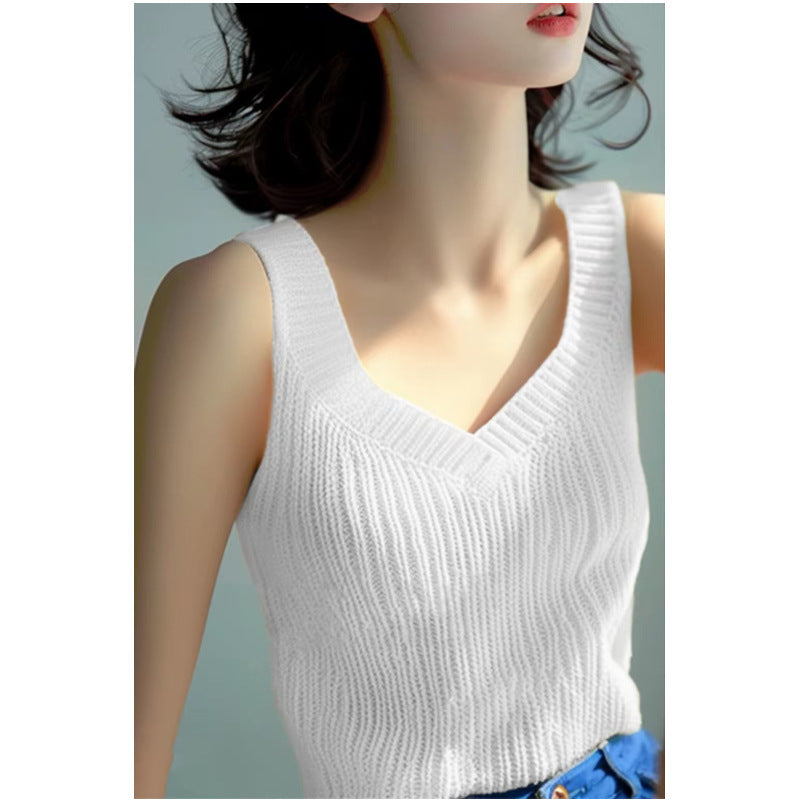 Women's Summer V-Neck Knitted Vest - Sweet Girl Style Solid Color Sleeveless Dopamine-Inspired Top