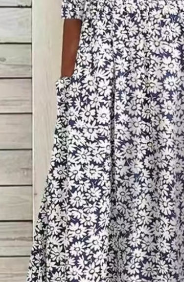 Women's Printed Round Neck Elegant Solid Color V-Neck Short Sleeve Dress