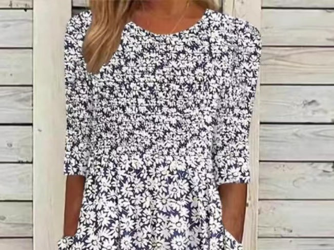 Women's Printed Round Neck Elegant Solid Color V-Neck Short Sleeve Dress