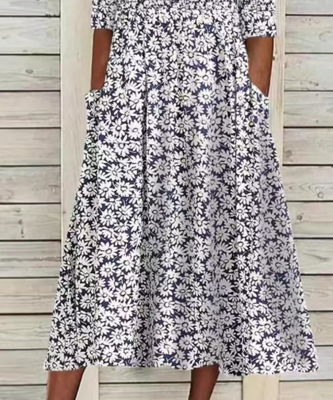 Women's Printed Round Neck Elegant Solid Color V-Neck Short Sleeve Dress