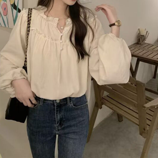 2025 French Retro Niche Puff Sleeve Top with Ruffled Long Sleeves - Elegant Vintage Charm Meets Modern Femininity