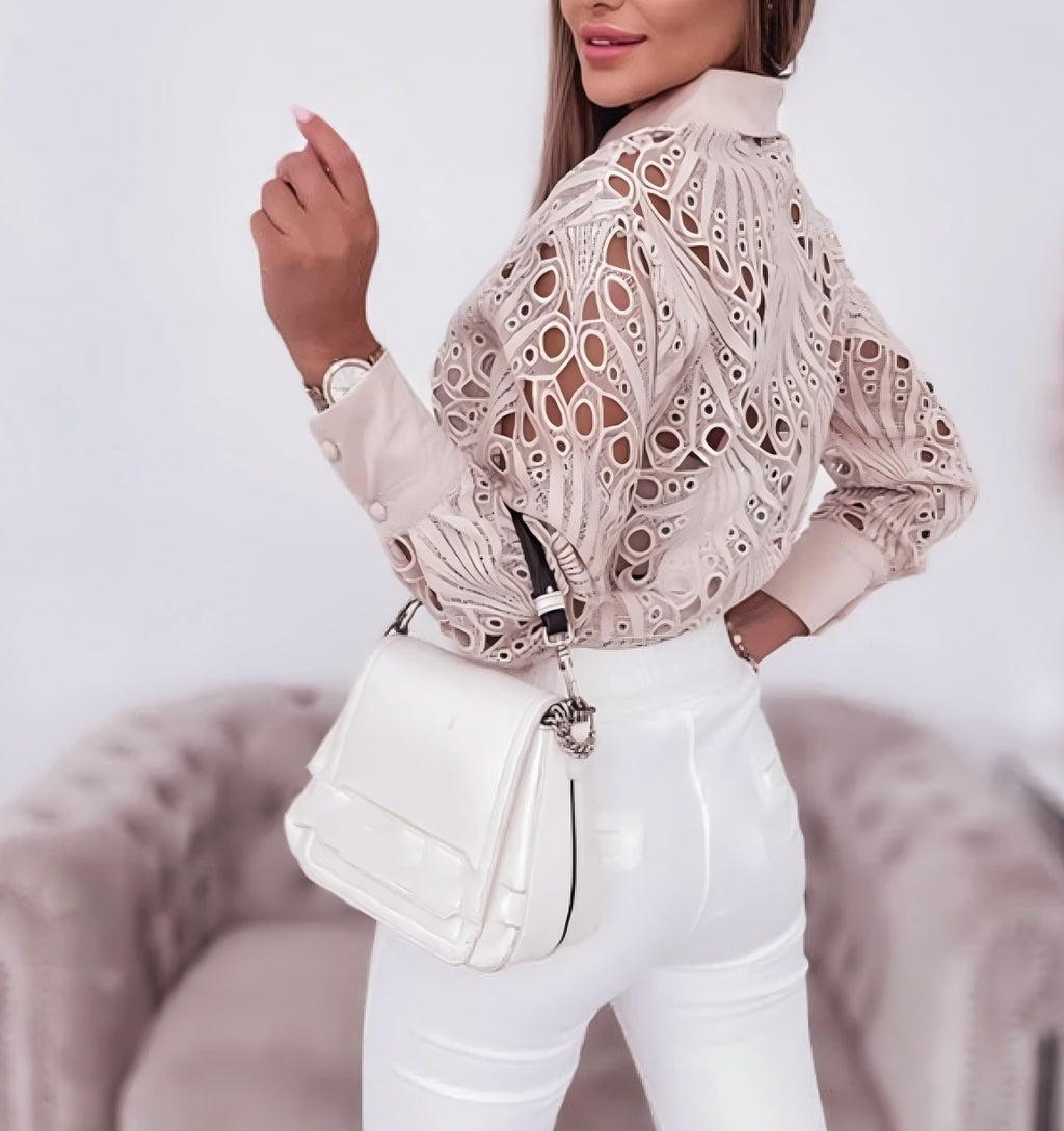Women's Spring & Autumn Lace Hollow Long Sleeve Shirt - Elegant Commuter Style