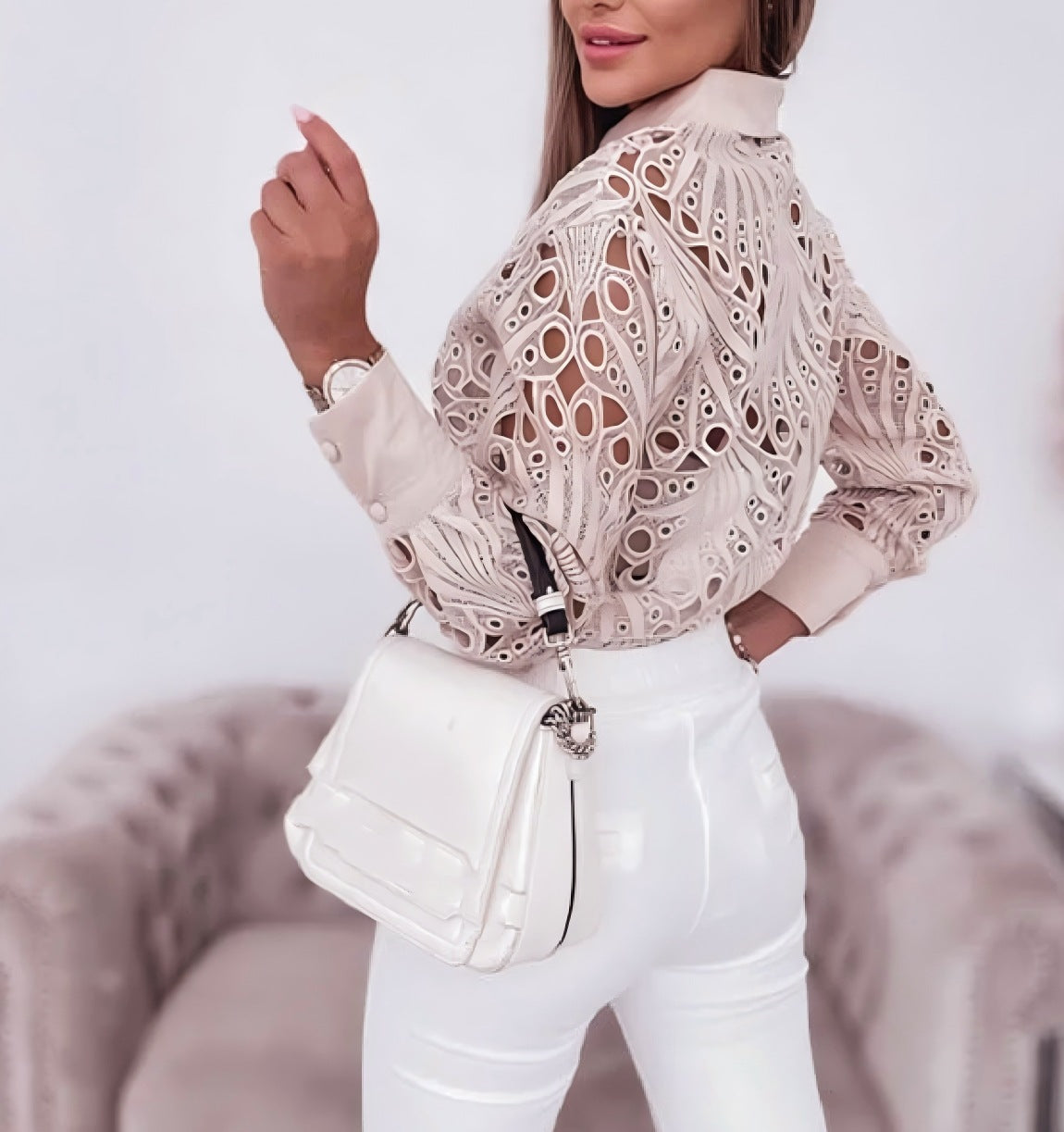 Women's Spring & Autumn Lace Hollow Long Sleeve Shirt - Elegant Commuter Style
