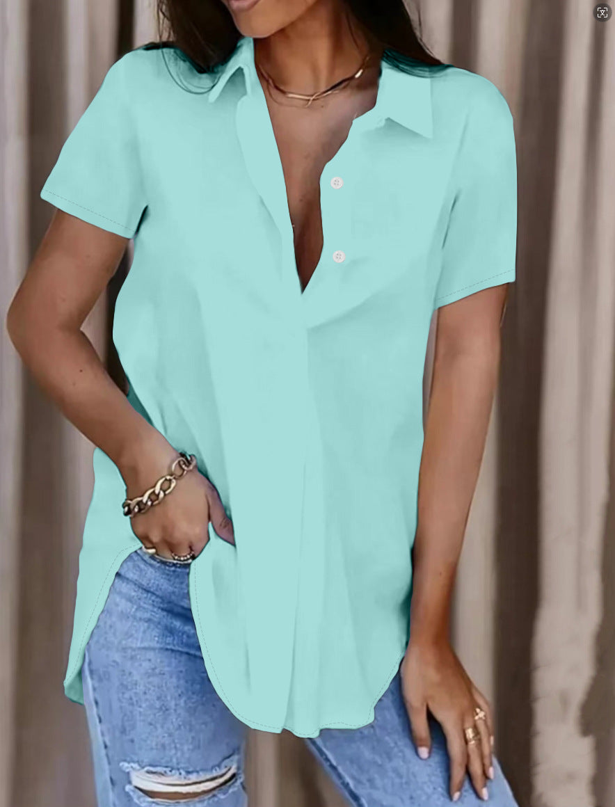 Women's Summer Solid Color V-Neck Button Shirt