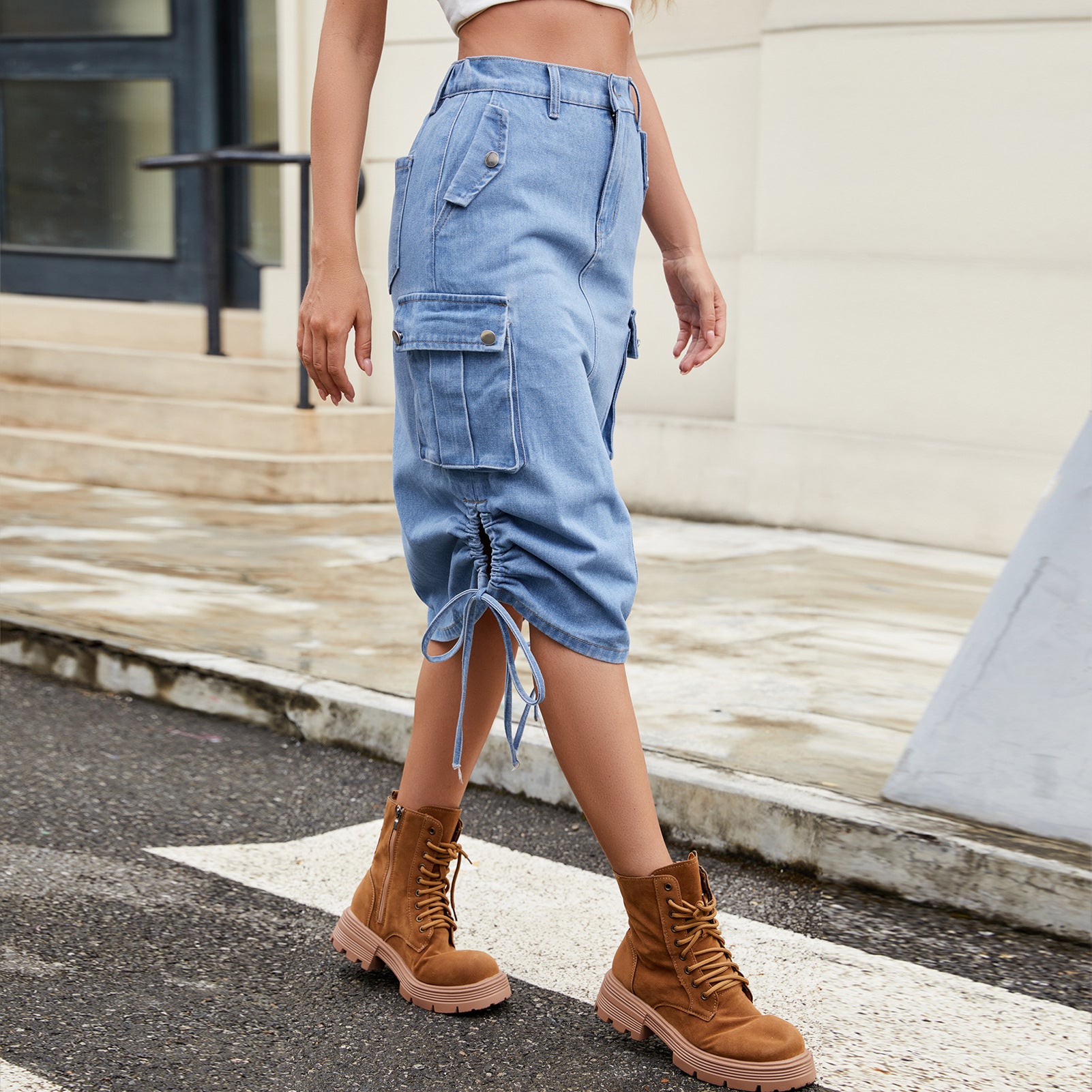 Women's Wish New Denim Lace-Up Workwear Skirt - Trendy Casual Mid-Length Utility Style