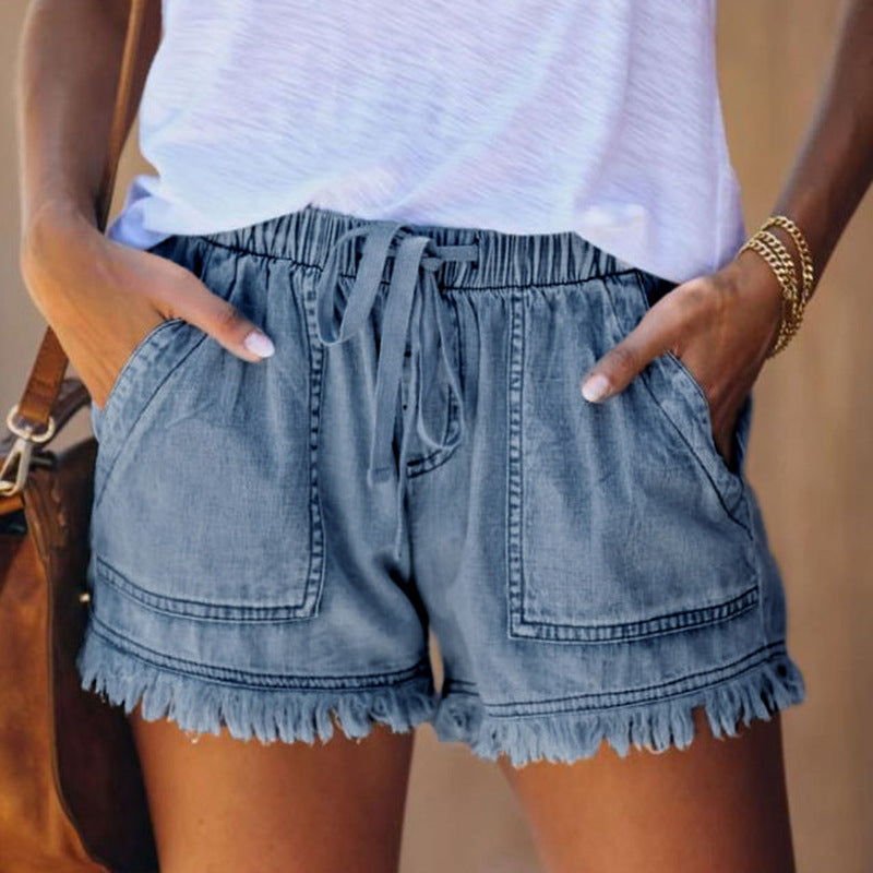 2025 Summer New Women's High Waist Slimming Denim Shorts - Casual Fit, Elastic Waist & Drawstring