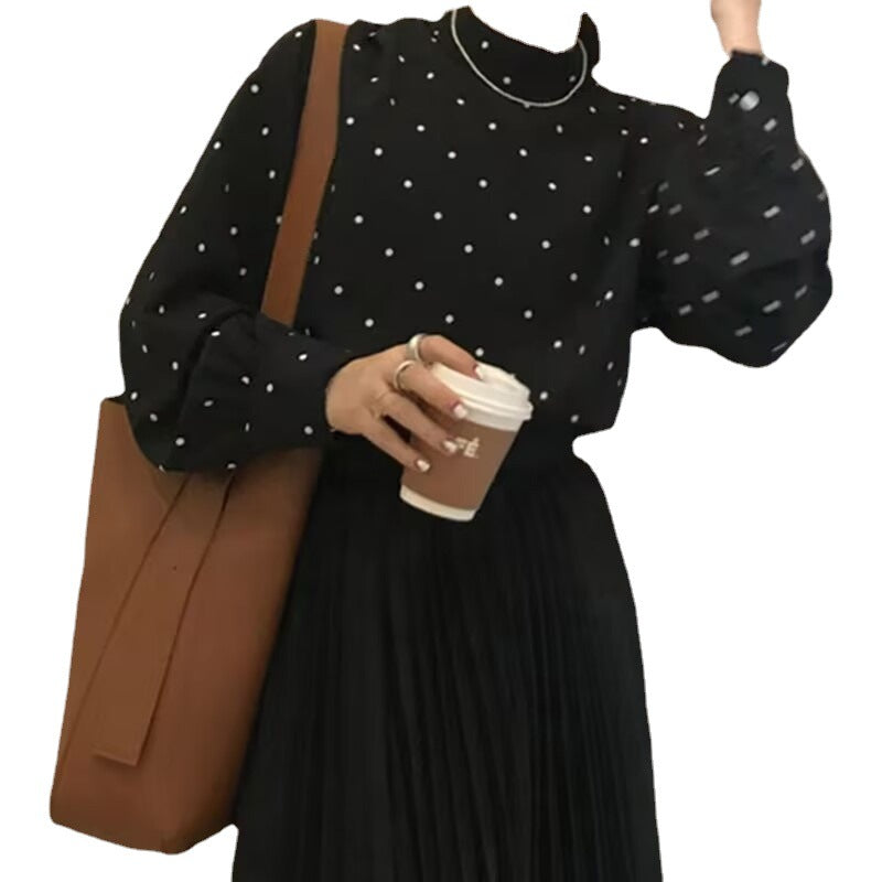 Women's Black & White Polka Dot Puff Sleeve Bottoming Top
