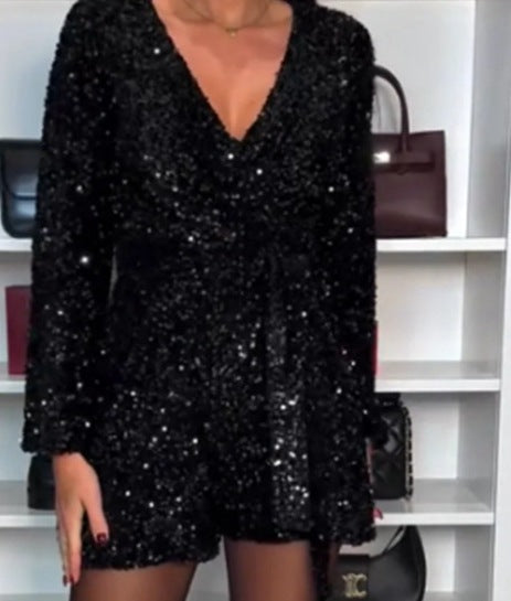 Women's Elegant Long-Sleeve Deep V-Neck Lace-Up Dress