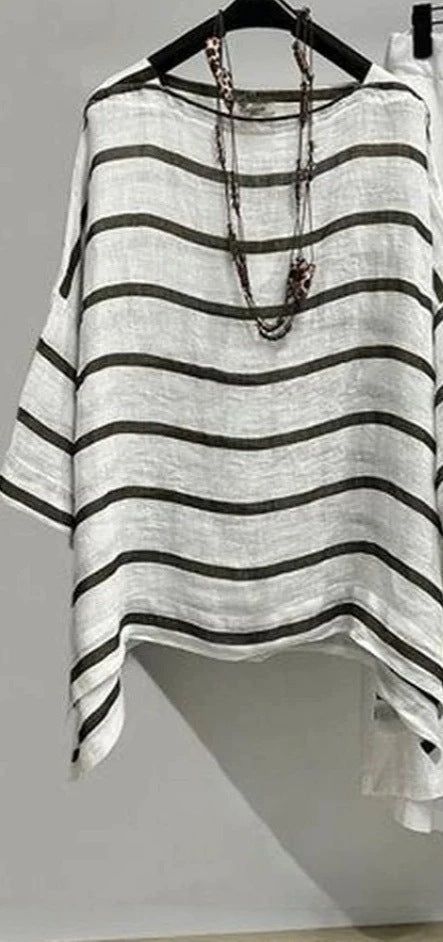 Women’s Striped Crew Neck Casual Five-Sleeve T-Shirt and Pants Two-Piece Set