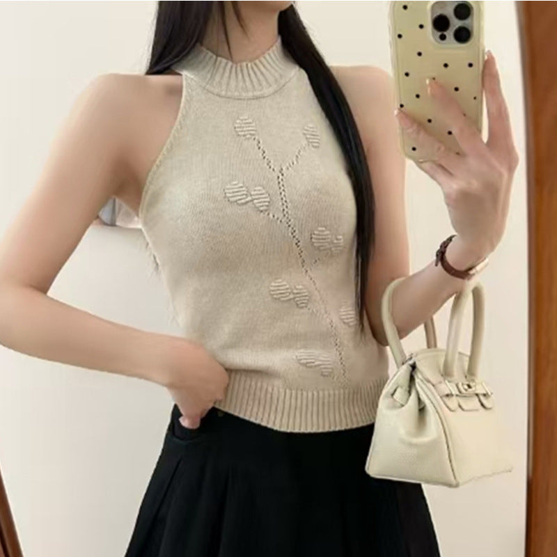 2025 Spring & Summer Women's Halter Neck Knit Vest - Slim Fit, Hot Girl Style, Simple Half High Neck Sleeveless Top