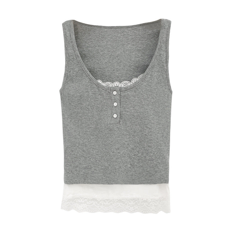 Women's Contrast Color Splicing Lace Vest - Fake Two-Piece Niche Summer Top (Real Shot)